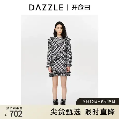 DAZZLE地素奥莱 甜美格纹荷叶边宽松休闲连衣裙女2D3O6113B图片