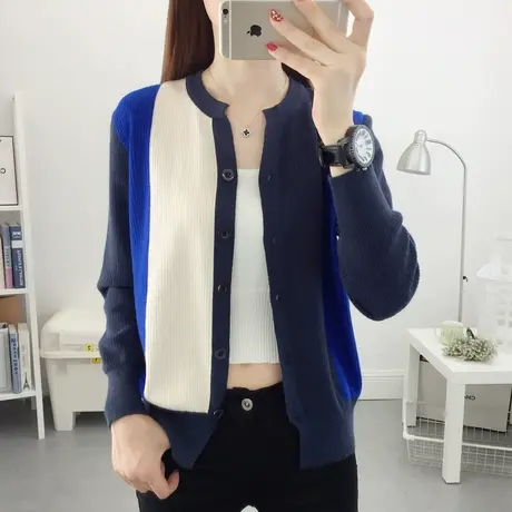 早春拼色针织开衫女2023年新款宽松薄款毛衣外套气质显瘦打底衫女图片