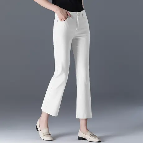 米白色喇叭裤女夏薄款小个子九分白色裤子夏天女士八分直筒微喇裤图片