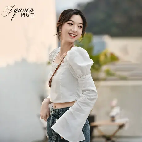 方领衬衫上衣女2023秋季新款时尚设计感开叉喇叭袖短款一字肩衬衣商品大图