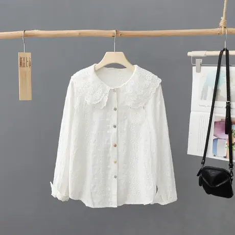 2023早春新款法式双层翻领刺绣白衬衫女气质女装宽松打底上衣衬衣图片