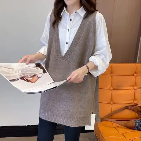 韩版宽松中长款针织马甲女v领针织背心裙马夹裙春秋无袖毛衣坎肩商品大图