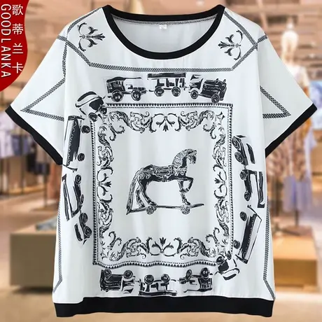 胖妈妈夏装印花短袖T恤高贵洋气小衫时尚中年大码女宽松上衣200斤商品大图