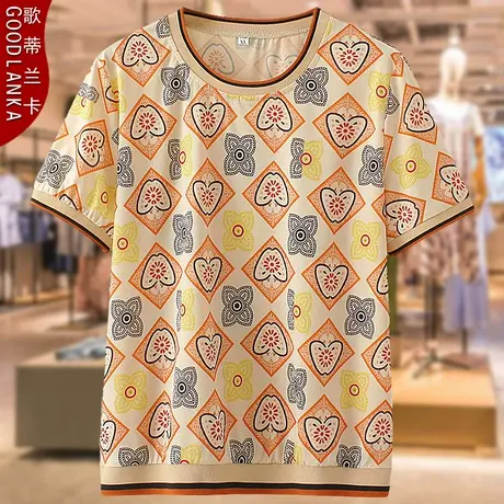 四五十岁中年妈妈夏装冰丝上衣200斤大码宽松遮肚时尚印花短袖T恤商品大图