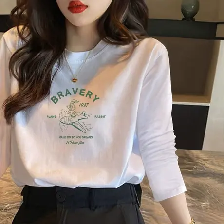 纯棉t恤女春秋款2023年新款设计感小众宽松薄款体恤长袖白色上衣商品大图