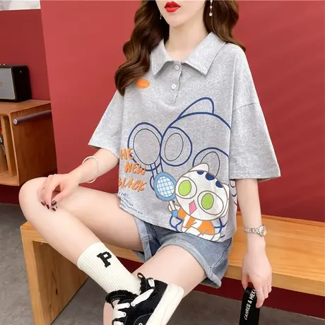 设计感小众翻领polo衫短袖t恤女夏季韩版宽松法式高腰短款上衣服图片