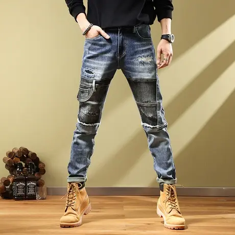 美式复古高街潮牌痞帅破洞牛仔裤男士休闲百搭直筒修身乞丐长裤子商品大图