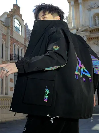 男士外套春秋2021新款韩版潮流帅气休闲上衣反光渐变工装立领夹克商品大图