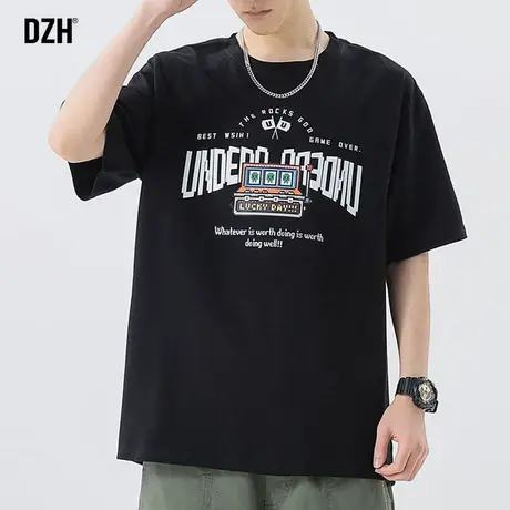 男生黑色重磅印花短袖男潮牌宽松纯棉t恤夏季薄款五分袖2023新款商品大图