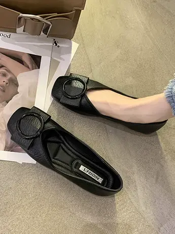 一脚蹬豆豆鞋女2023春秋新款浅口方头单鞋软底百搭黑色上班工作鞋商品大图