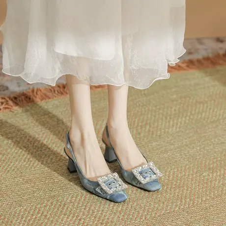 包头凉鞋水钻粗跟女2023年夏季新款方头小众设计感后空扣搭高跟鞋商品大图