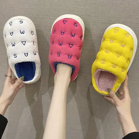 羽绒防水棉拖鞋女冬季时尚英文字母厚底防滑加绒保暖外穿包头拖鞋商品大图