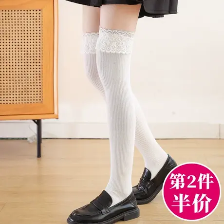 白色长筒袜子春秋款女童儿童大童可爱中筒高桶半截过膝盖蕾丝花边商品大图
