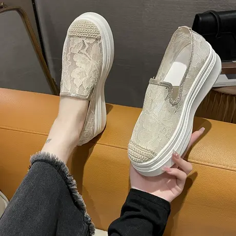 女鞋2024新款草编厚底渔夫鞋女夏季中跟增高懒人一脚蹬蕾丝单鞋女商品大图