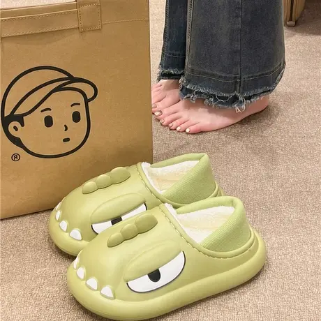 防水棉拖鞋女冬季卡通可爱恐龙室内外穿防滑厚底加绒保暖包跟棉鞋商品大图