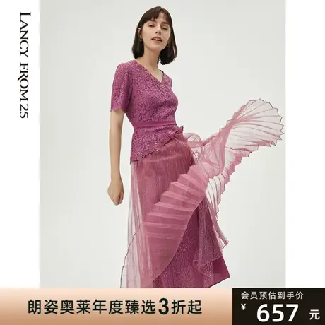 朗姿奥莱假两件轻礼服连衣裙女专柜春收腰显瘦百褶裙设计感小众商品大图