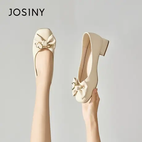 Josiny/卓诗尼粗跟单鞋2023秋季新款小香风蝴蝶结平底不累脚女鞋商品大图