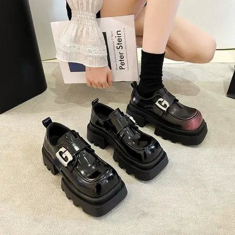复古方头乐福鞋女2024春秋季新款小个子厚底单鞋英伦风粗跟小皮鞋商品大图