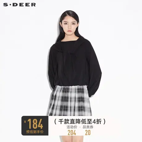 sdeer圣迪奥秋季休闲披肩系带松紧长袖黑色衬衫S21360522商品大图