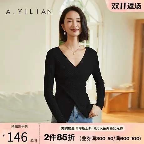 阿依莲V领套头针织打底衫女2023新款秋交叉显瘦今年流行漂亮上衣商品大图