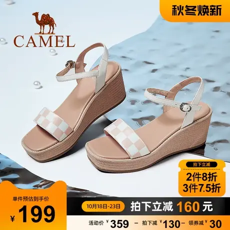 骆驼女鞋新款休闲一字带高跟真皮凉鞋女罗马坡跟凉鞋女图片