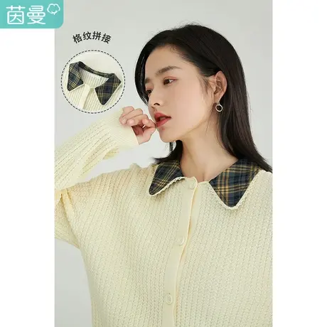 茵曼学院女2023春季新款格子翻领拼接花边宽松休闲膨体棉腈针织衫图片