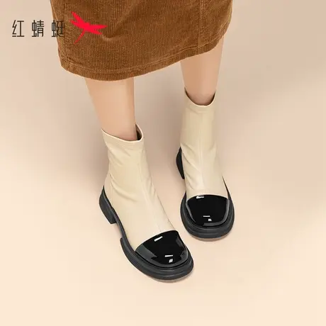 红蜻蜓小香风白色靴子女法式小踝靴百搭低跟时装靴套筒短靴瘦瘦靴图片