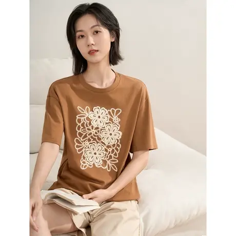 【商场同款】茵曼2023春季女装新款百搭纯棉宽松圆领绣花短袖T恤图片