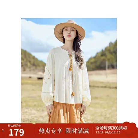 法式镂空绣花衬衣2023秋女装新款系带圆领长袖宽松显瘦上衣商品大图
