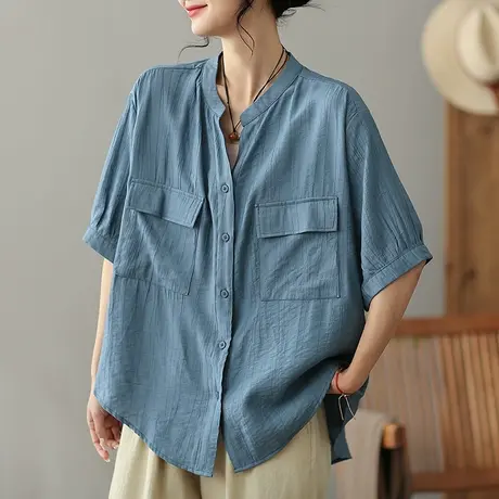 dza 复古纯色立领女士衬衫2023夏季薄款短袖衬衣气质漂亮开衫上衣图片