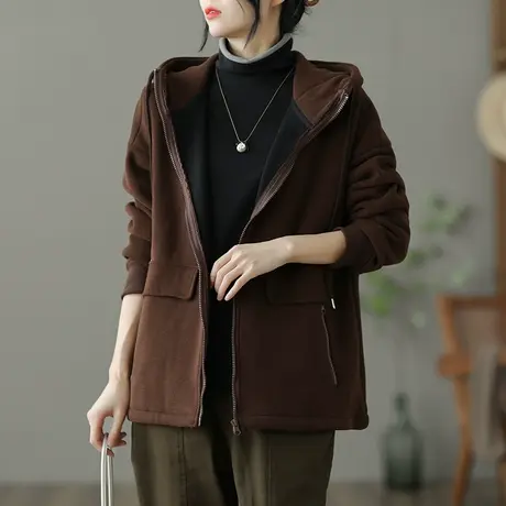 dza 文艺复古宽松短款休闲外套女士加绒加厚连帽秋冬上衣百搭长袖图片
