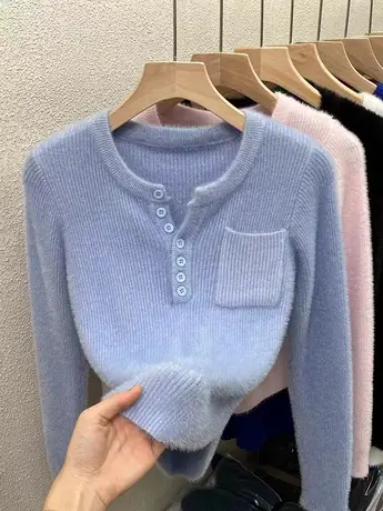 水貂绒毛衣针织打底衫女内搭秋冬洋气别致短款v领上衣设计感小众商品大图