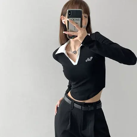 春秋冬纯欲风性感长袖翻领紧身露脐polo打底短款上衣女设计感T恤商品大图