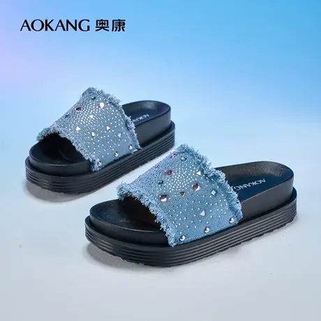 【增高5CM】奥康女鞋2025夏季新款帆布牛仔露趾凉拖鞋时尚户外穿图片