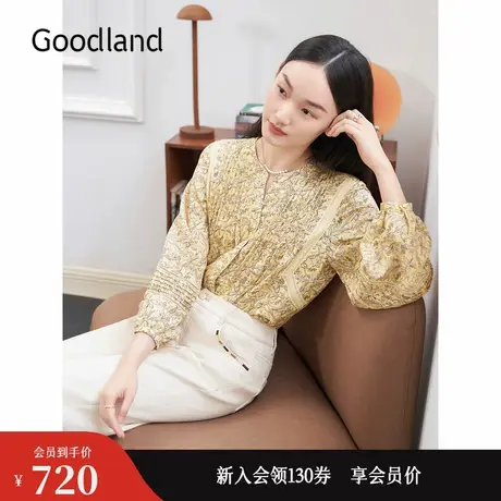 Goodland美地2024冬季新款斜纹绸碎花衬衫镂空蕾丝印花轻上衣图片
