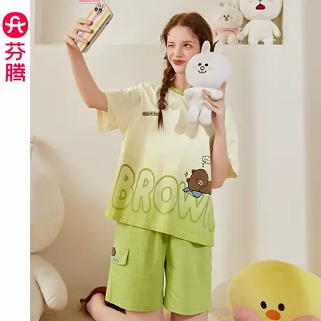 芬腾布朗熊女士睡衣夏季纯棉短袖凉感卡通可爱甜美少女家居服套装商品大图