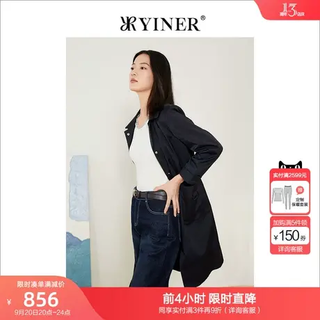 YINER音儿女装2022春季新款中长款单排扣翻领风衣商品大图