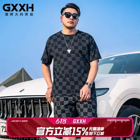 GxxH潮牌大码男装夏季短裤短袖T恤套装格子宽松休闲五分裤两件套图片