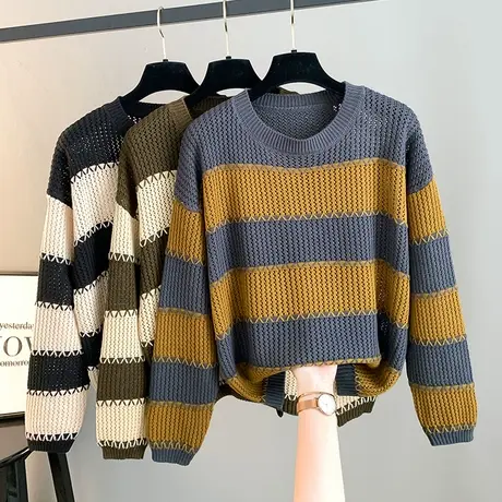 宽条纹长袖慵懒风毛衣女早秋薄款百搭上衣2023新品宽松圆领针织衫商品大图