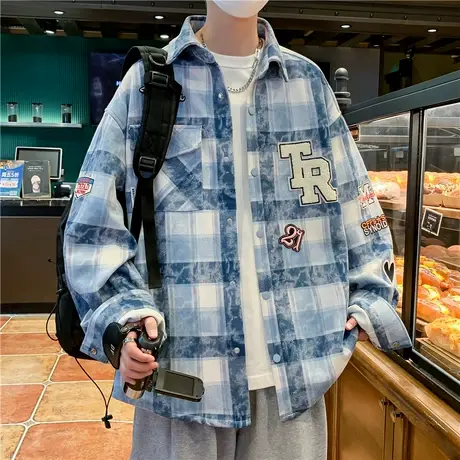 格子衬衫型夹克男春秋款字母刺绣港风外套男装上衣青少年休闲衬衣商品大图