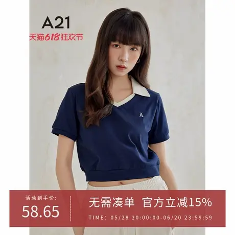 A21女装半开筒短袖POLO衫夏季新款撞色设计感上衣女图片