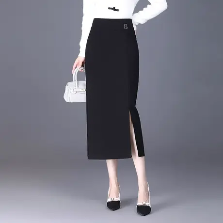 黑色包臀半身裙女春秋中长款2023新款高腰显瘦时尚洋气开叉一步裙图片