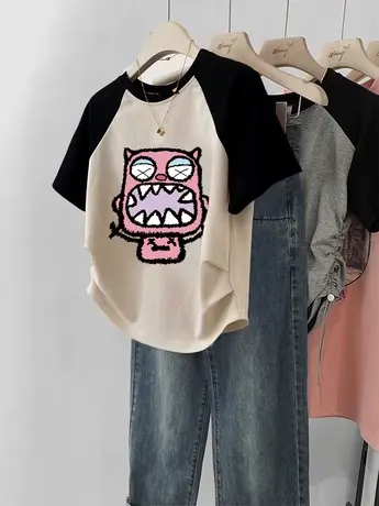 日系复古女装上衣chic风插肩袖T恤夏季ins潮纯棉大码修身短款短袖商品大图