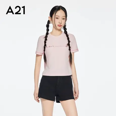 A21女装粉红色印花字母圆领T恤2025夏新款简约短款上衣F452231043图片