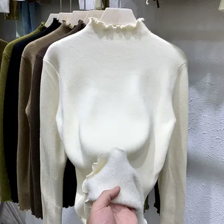 2022新款纯色木耳边中领毛衣套头针织衫加绒加厚打底衫女冬季上衣图片