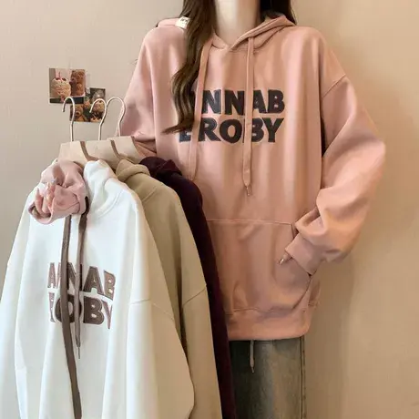 美式字母刺绣连帽长袖卫衣女早春秋季薄款宽松韩版慵懒上衣外套潮商品大图