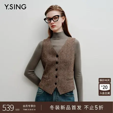 衣香丽影咖色羊毛无袖马甲外套女2025年冬装新款别致叠穿西装马夹商品大图