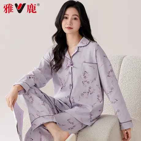 雅鹿睡衣女春秋2025新款100%纯棉长袖中老年妈妈款休闲家居服套装商品大图