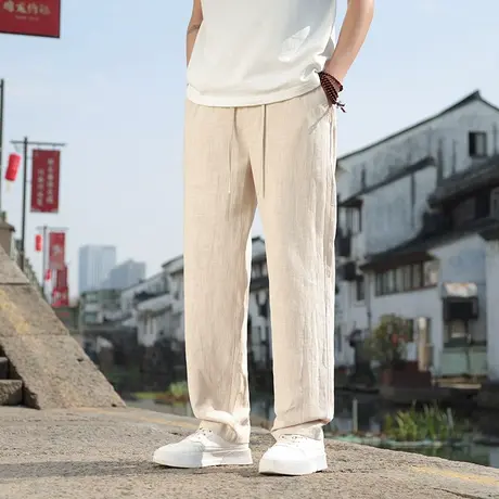 春夏男休闲裤2025中国风简约纯色百搭棉麻直筒长裤加肥加大码裤子商品大图