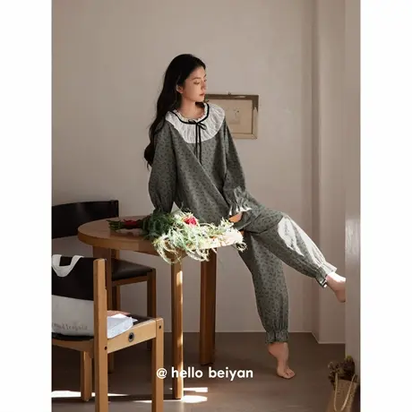 贝妍复古森系睡衣女款春秋季莫代尔棉长袖家居服小碎花大码套装商品大图